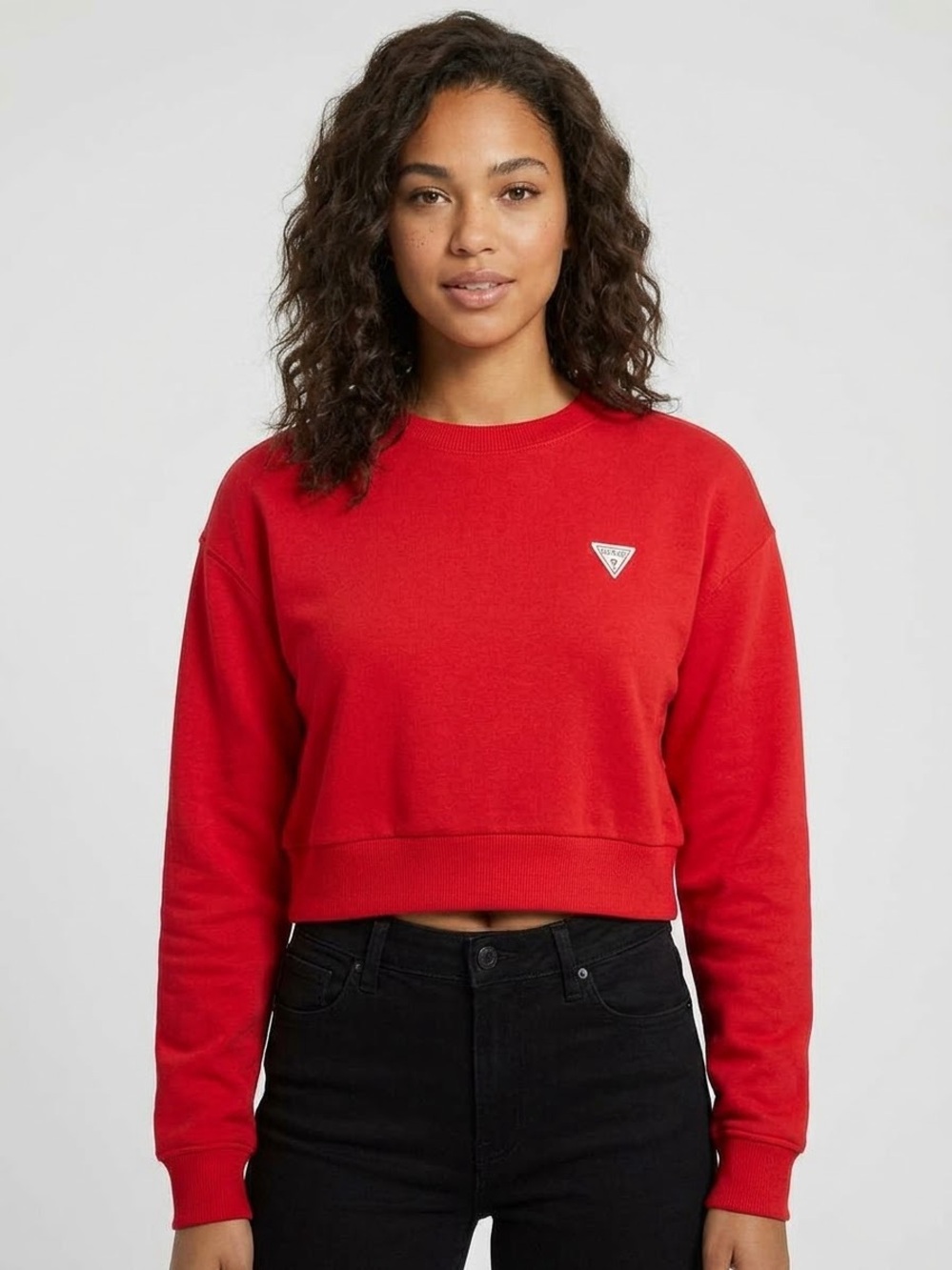 GUESS Cropped Crewneck Sweatshirt Embroidered Logo Red Size Small